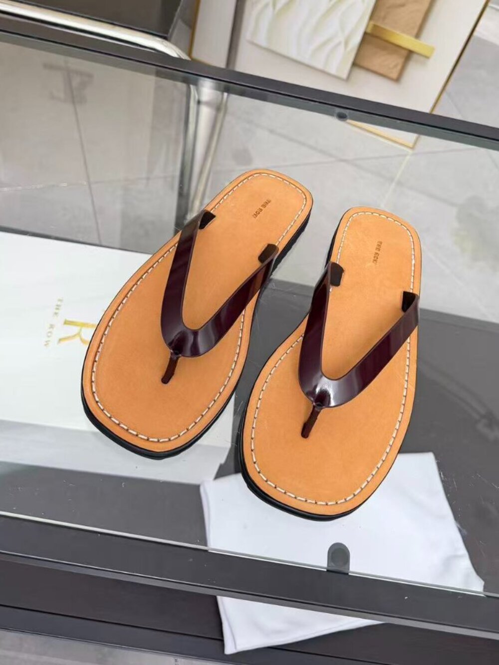 The Row Burgundy Leather Square Toe Flip Flop Thong Sandals